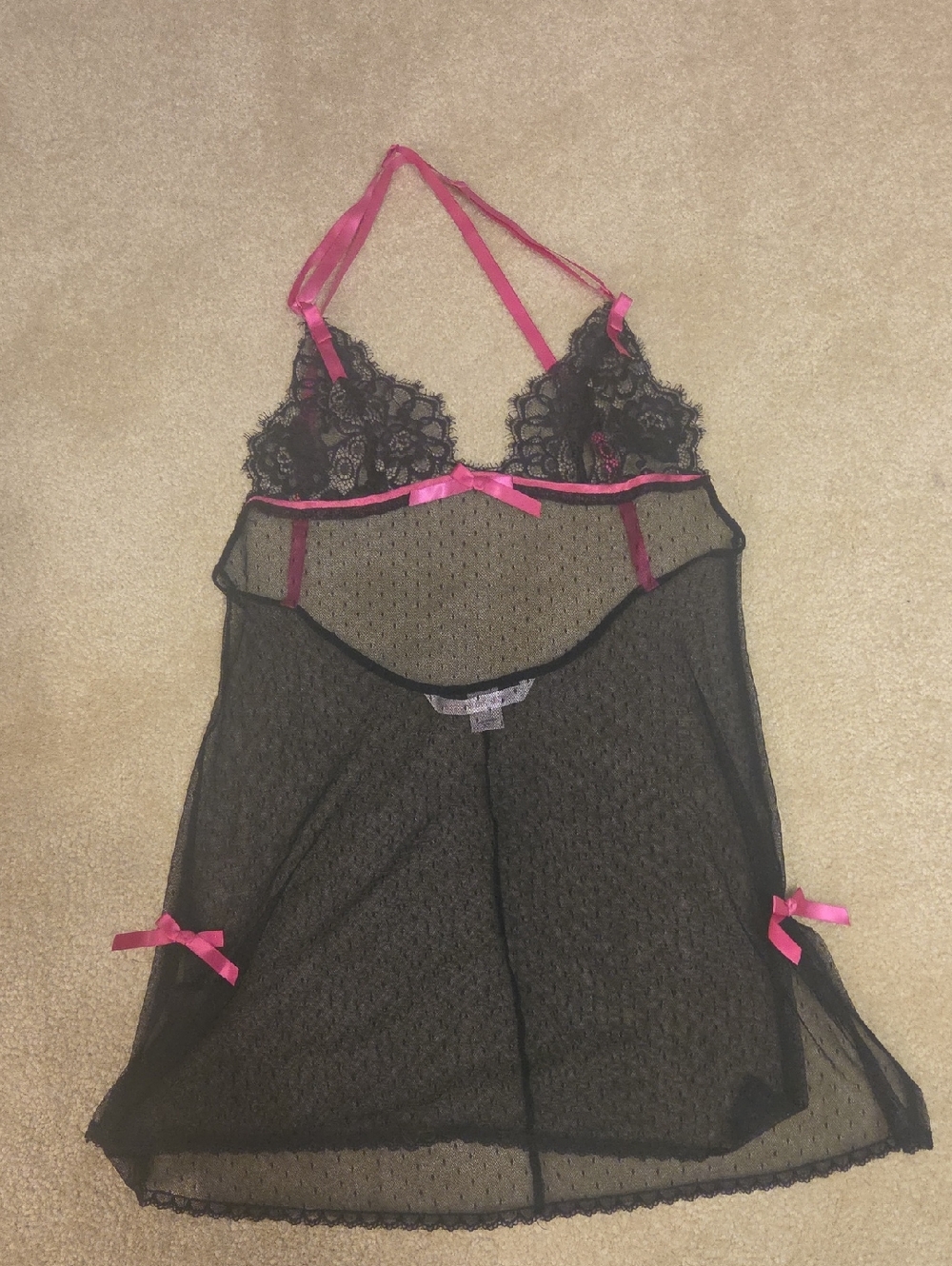 Victoria's Secret Black Sheer Lace Chemise with Pink Trim